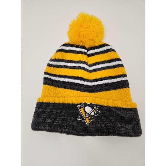Pittsburgh Penguins Beanie Cap Hat OSFA Striped NHL Hockey Knit Winter Pom Pom - Picture 1 of 4